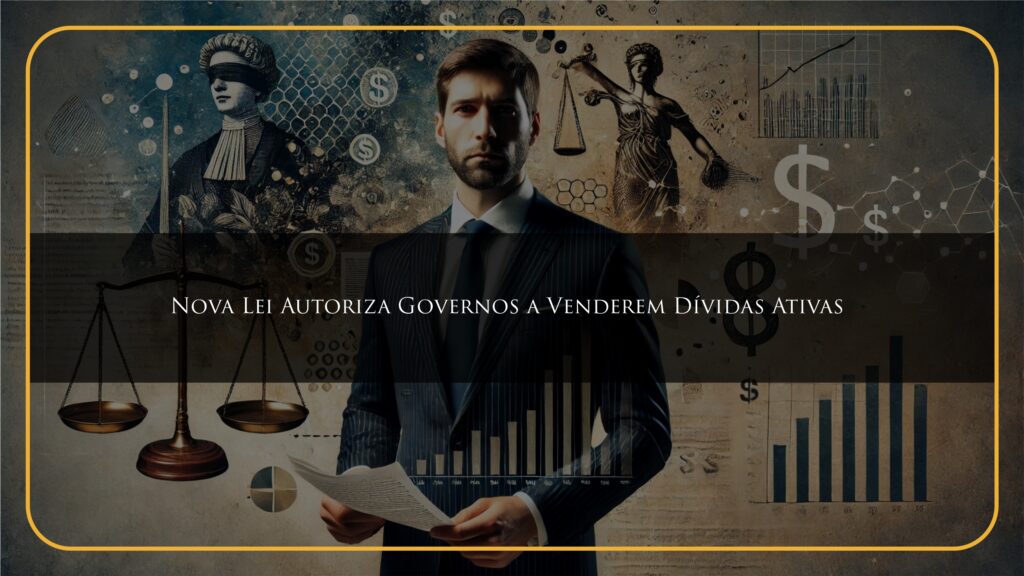 Advogado em terno segurando um documento com expressão preocupada, com um fundo que mistura elementos de justiça e finanças, simbolizando o impacto da nova legislação fiscal.